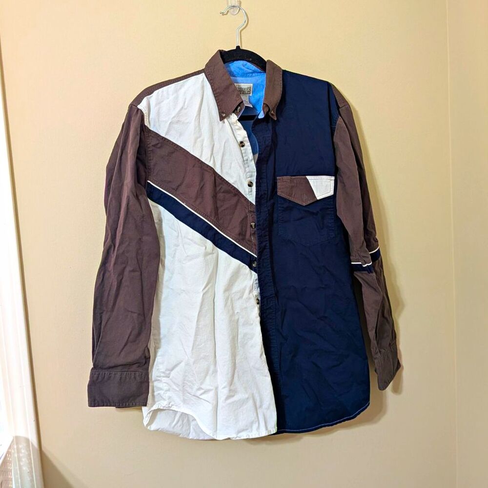 Express Riders Colorblock Button-Down Long Sleeve Woven Shirt Navy/White/Brown M